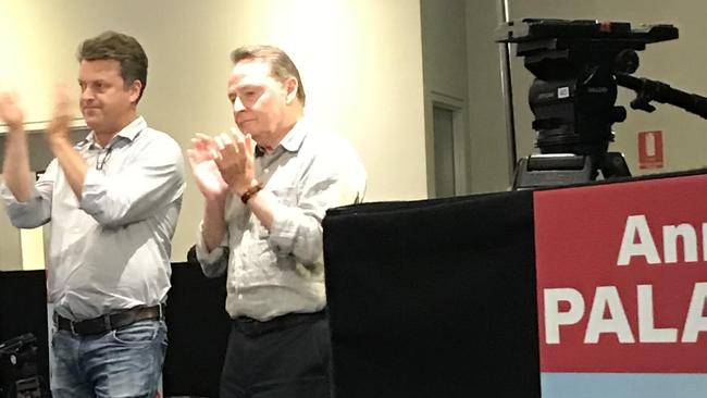 Labor lobbyist Cameron Milner – who helped run Premier Annastacia Palaszczuk's 2020 election campaign – with her chief of staff, Jim Murphy.at her victory party in 2020.