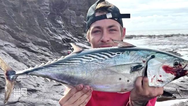 Nine News screengrab showing Brenden Hurd, 19, who was hit by a large wave while fishing with friends at Hill 60 park in Port Kembla on the Illawarra coast. Picture: Nine News