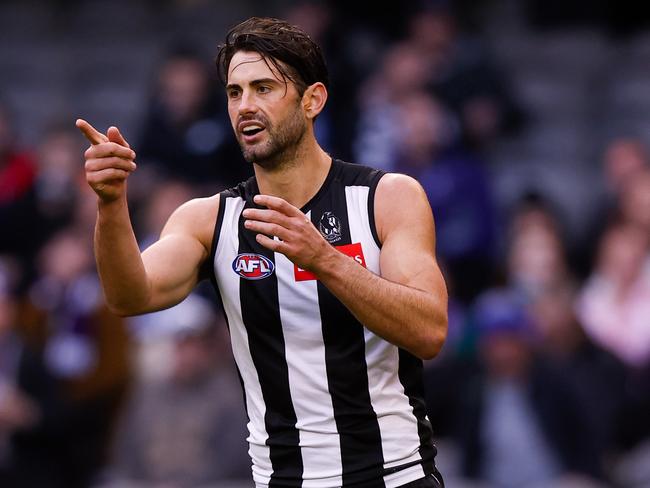 MELBOURNE, AUSTRALIA - JUNE 26: Brodie Grundy of the Magpies celebrates a goal during the 2021 AFL Round 15 match between the Collingwood Magpies and the Fremantle Dockers at Marvel Stadium on June 26, 2021 in Melbourne, Australia. (Photo by Michael Willson/AFL Photos via Getty Images)