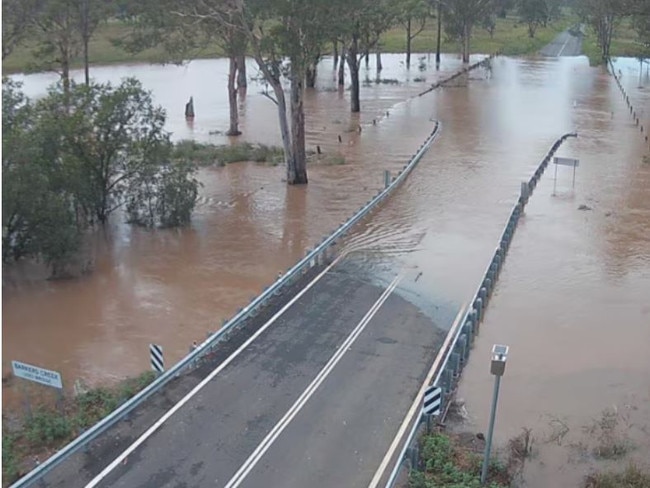 A flooded bridge at Barkers Creek Road at Booie. Picture: Supplied qldtraffic