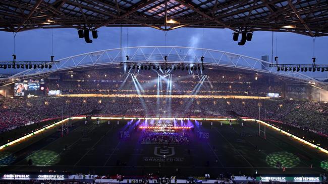 A packed ANZ Stadium watches One Republic perform at the opening of the 2019 NRL Grand Final between the Canberra Raiders and the Sydney Roosters. Picture: AAP/Joel Carrett