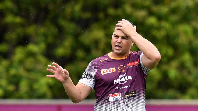 Broncos coach Anthony Seibold is seen during Brisbane Broncos training at Clive Berghofer Field in Brisbane, Wednesday, March 27, 2019. The Broncos are playing St George Illawarra Dragons in their round 3 NRL clash in Brisbane on Thursday night. (AAP Image/Darren England) NO ARCHIVING