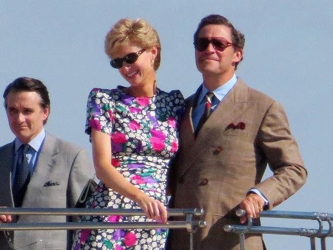 Actor Dominic West pictured as Prince Charles and actress Elizabeth Debicki as Princess Diana as they seen on Christina O valletta yacht filming the new series of 'The Crown'.