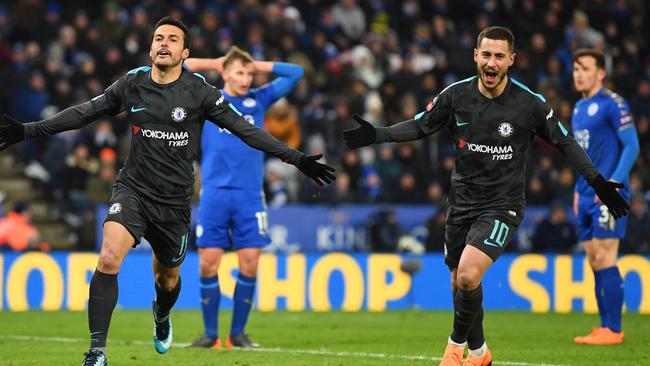 Pedro of Chelsea celebrates as he scores their second goal with Eden Hazard