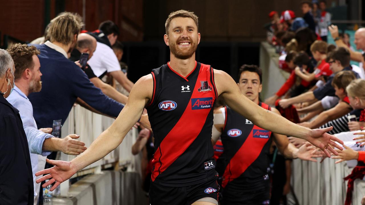 A smiling Dyson Heppell leads his team out in his 200th game. Picture: Mark Kolbe