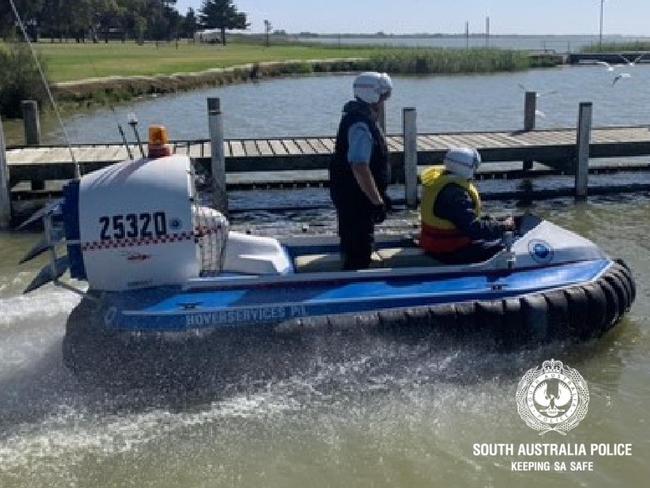 Police using a hovercraft to search for a missing man on Lake Alexandrina. Picture: Supplied