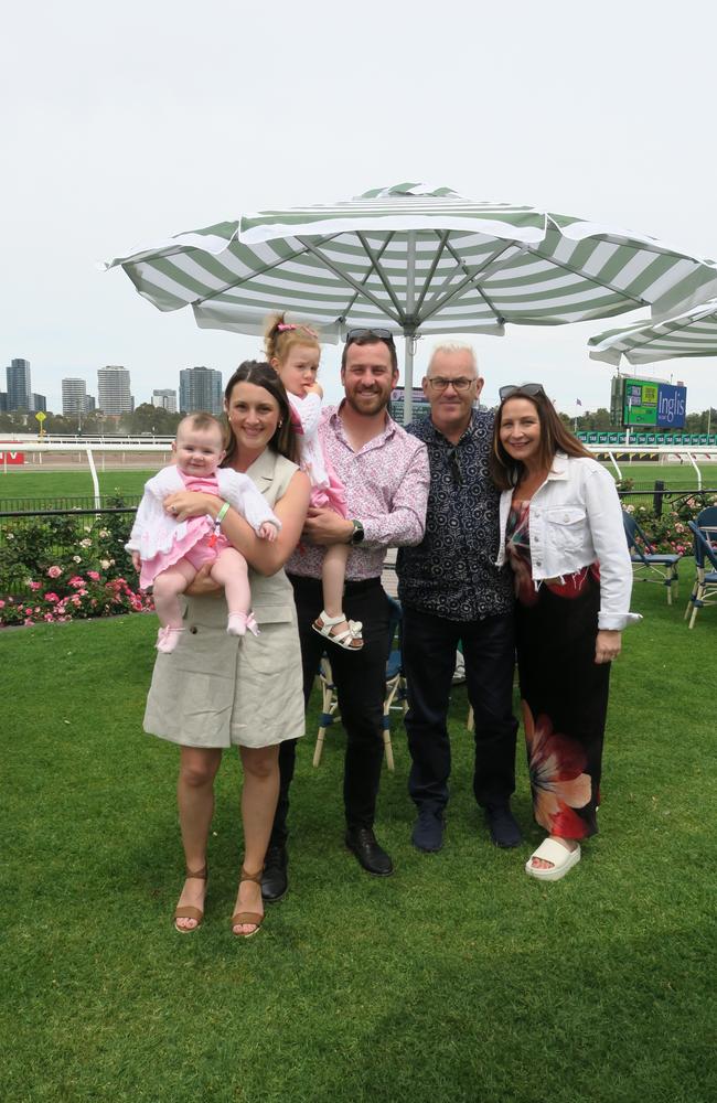 Brogan, Alistair, Monroe, Darley, Gordon and Kate at Seppelt Wines Stakes Day 2024 at Flemington Racecourse. Picture: Gemma Scerri