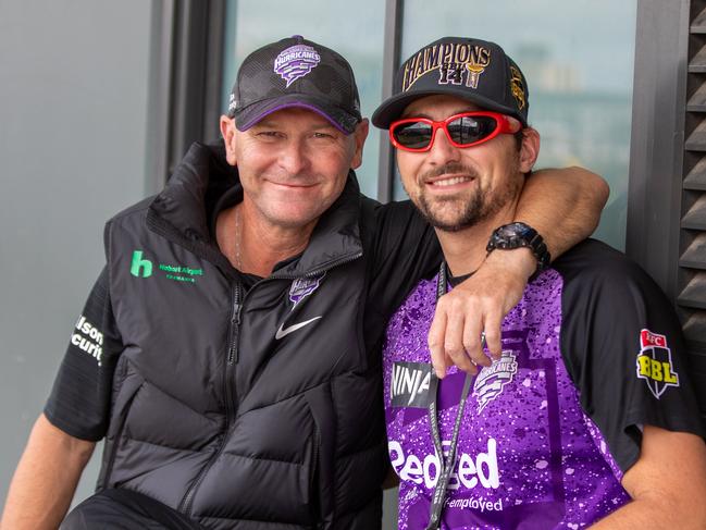 Head Coach of the Hobart Hurricanes Jeff Vaughan with Tim David the day after the BBL Final win.Picture: Linda Higginson