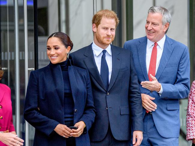 The Sussexes, with New York mayor Bill De Blasio, visited the World Trade Centre site in Manhattan. Picture: Getty Images