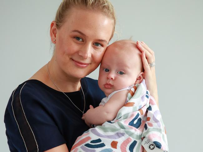 (Story-Stillbirth shoot)Jacqui Bruyn, from Gladesville, with her baby boy, Wyatt, aged 10 weeks. Jacqui lost her first baby, Beau, who was still born in April 2017.Picture: Justin Lloyd.