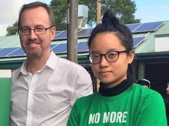 Greens MP David Shoebridget (left) and part-time staffer Xiaoran Shi, who has been charged over the vandalism of the Captain Cook statue in Sydney’s Hyde Park. Picture: Supplied