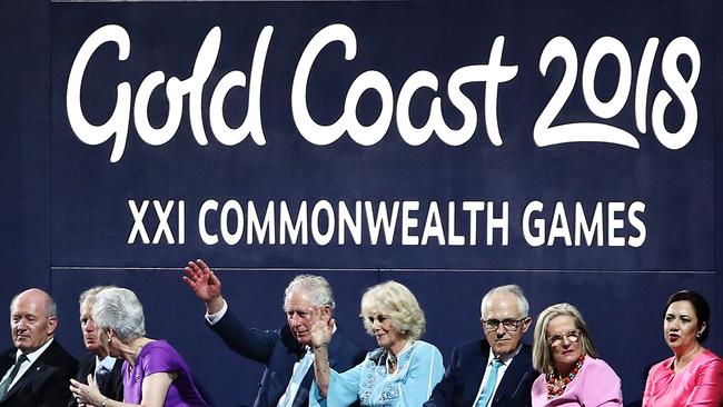 Prince Charles and Camilla, Duchess of Cornwall, wave to athletes during the opening ceremony. Picture: Hannah Peters/Getty Images