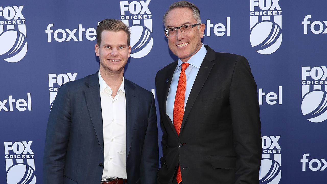 Steve Smith and Fox CEO Patrick Delany arrive for the Fox Cricket launch.