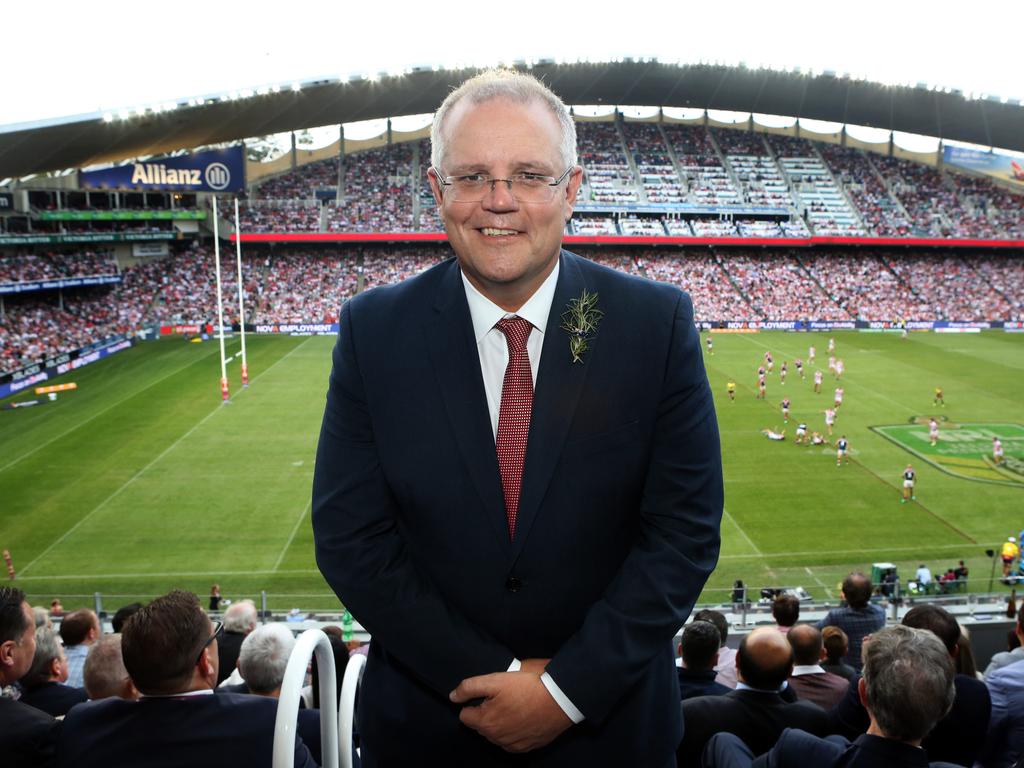 25/04/2018: Federal Treasurer Scott Morrison at the NRL Dragons v Roosters game in Sydney.Pic by James Croucher