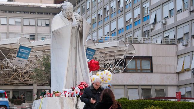 Scenes outside the Gemelli Hospital in Rome, where Pope Francis is being treated. Picture: Jacquelin Magnay