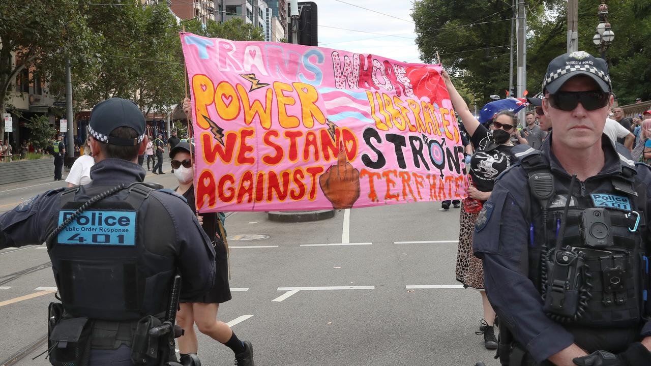 The police presence at the protest was heavy, with officers trying to keep both groups separated. Picture: NCA NewsWire / David Crosling