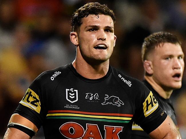 MACKAY, AUSTRALIA - SEPTEMBER 18: Nathan Cleary of the Panthers looks on during the NRL Semifinal match between the Penrith Panthers and the Parramatta Eels at BB Print Stadium on September 18, 2021 in Mackay, Australia. (Photo by Matt Roberts/Getty Images)