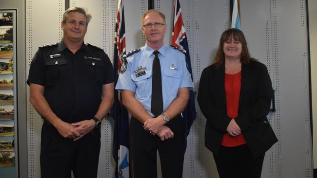 Queensland Fire and Rescue Service Bundaberg region zone commander Andrew Sbrizzi, Police Inspector and Bundaberg District Disaster Management Group chair Grant Marcus and North Burnett councillor and disaster management chair Melinda Jones address media ahead of the region’s storm season.