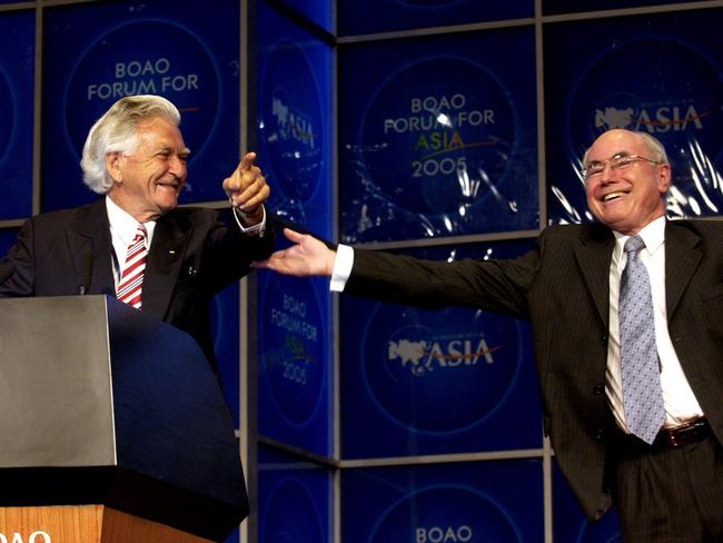 Former PM John Howard (R) appearing at the Boao Forum for Asia in Boao, with former PM Bob Hawke. Picture: John Feder