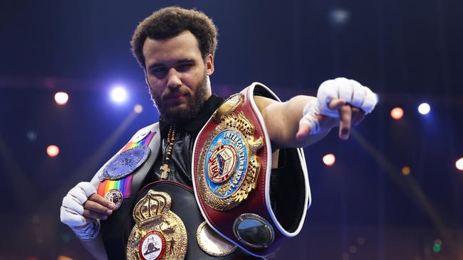 Moses Itauma celebrates victory with his belts following the WBO Inter-Continental, WBA International and Commonwealth Silver Heavyweight titles' fight. (Photo by Richard Pelham/Getty Images)