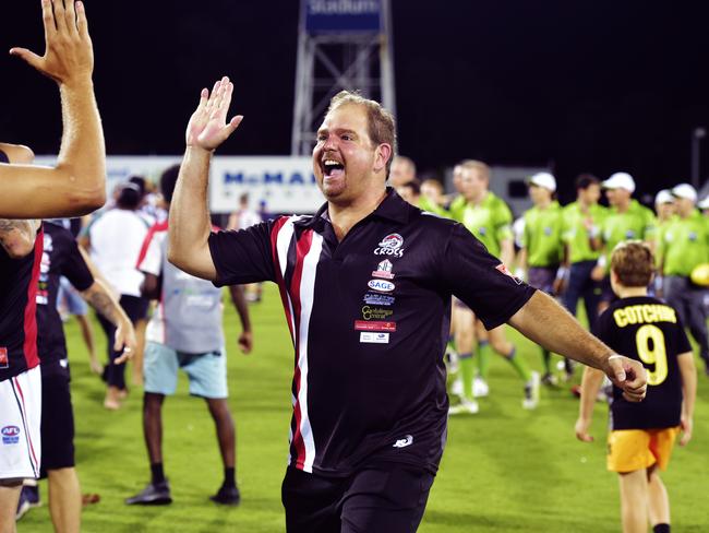 Southern Districts Crocodiles coach Shannon Rusca  celebrates after the final siren during the 2018 NTFL Men's Premier League Grand FinalPicture: keri Megelus