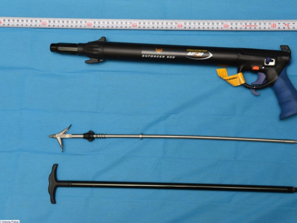 Court-released photo of the speargun Wilson held to his victim’s head and threatened to kill her with. Picture: Supplied
