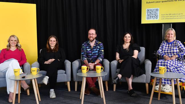 Panellists for the final Fearless Conversation for 2022, hosted by 7NEWS reporter Casey Treloar, left. were director Nescha Jelk, Flinders University drama professor Chris Hay, Noongar actor, writer and director Carissa Lee and Tutti Arts creative director Gaelle Mellis. Picture: Keryn Stevens