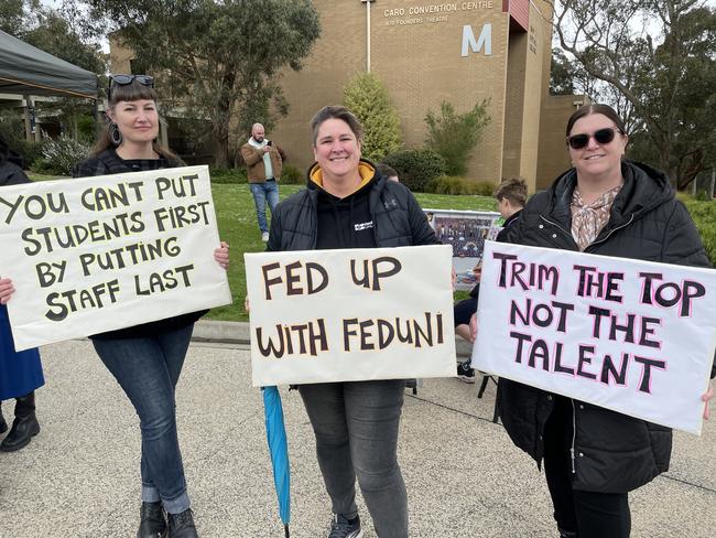 Claire, Tammy, and Michelle at the Federation University Mount Helen campus strike.