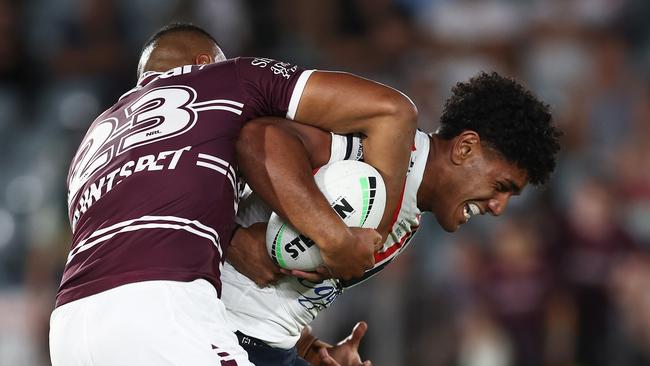 GOSFORD, AUSTRALIA - FEBRUARY 17: Siua Wong of the Roosters is tackled during the NRL Trial Match between the Sydney Roosters and the Manly Sea Eagles at Central Coast Stadium on February 17, 2023 in Gosford, Australia. (Photo by Matt King/Getty Images)