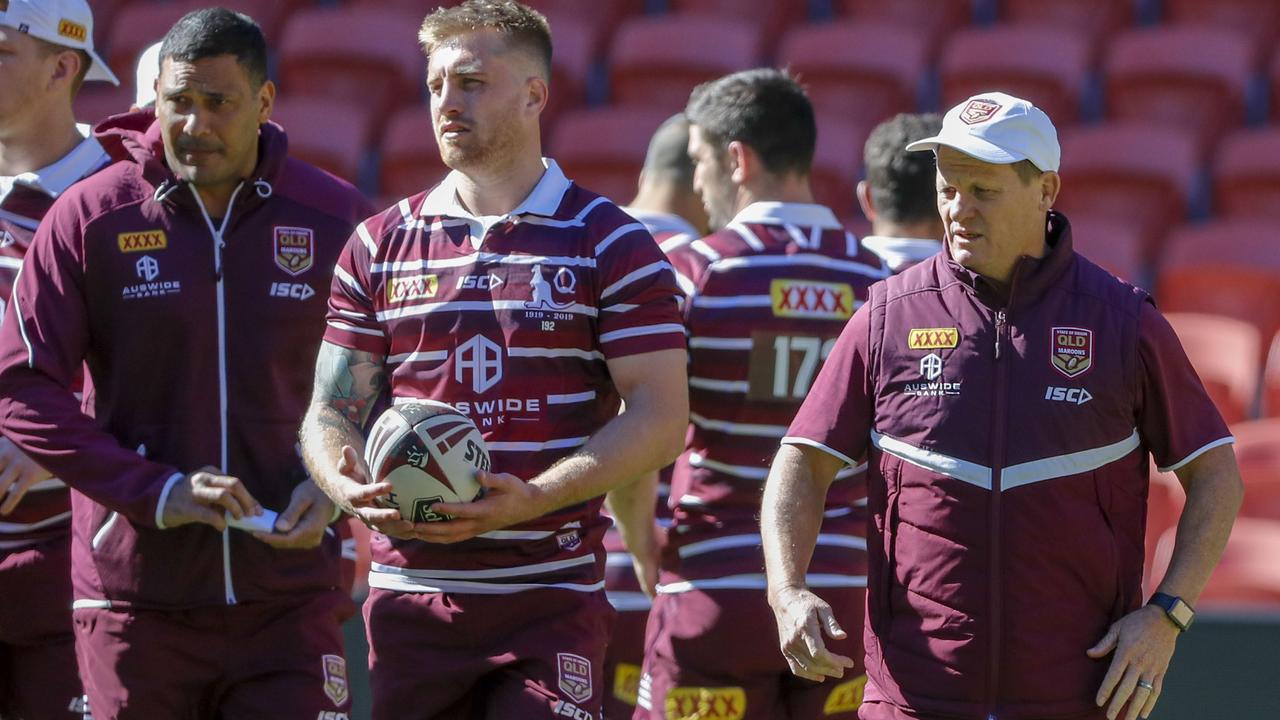 Maroons assistant Justin Hodges, Cameron Munster and coach Kevin Walters during a training session