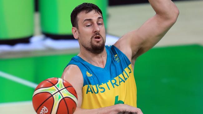 Rio Olympics 2016. The Men's Australian Basketball team, the Boomers, v. Lithuania at Carioca 1, in Olymic Park Rio de Janeiro, Brazil. Australia's Andrew Bogut foul against Lithuania's Renaldas Seibutis. Picture: Alex Coppel.