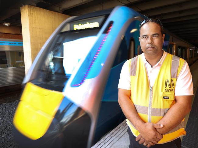 Metro train driver Llewellyn Dixon-Mason has seen 13 dead bodies, and being in the driver's seat during a suicide. spoke about short & long term impact on drivers, possible reasons for an increase in self harm incidents, prevention. Llewellyn at Flinders Street Station.                     Picture: David Caird