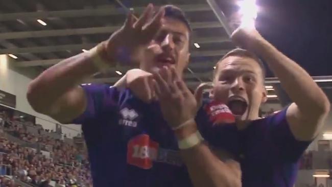 Warriors signing Anthony Gelling celebrates a try for Wigan in Super League.