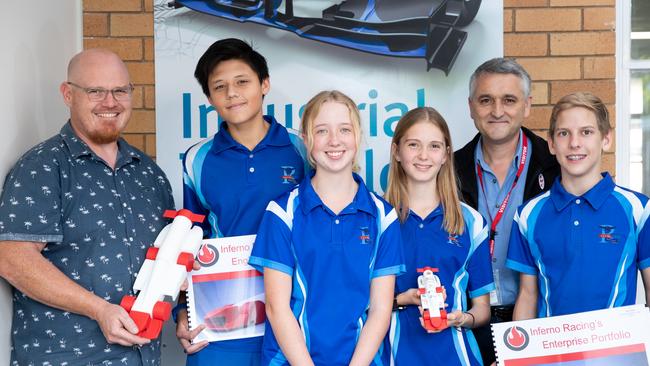 The Redcliffe State High School F1 in Schools team teacher Phil Morrison; David Forrest; Lexy Arnold; Molly Wearne; Darcy Hannings; P&amp;C president and sponsor Carlos Ortega.