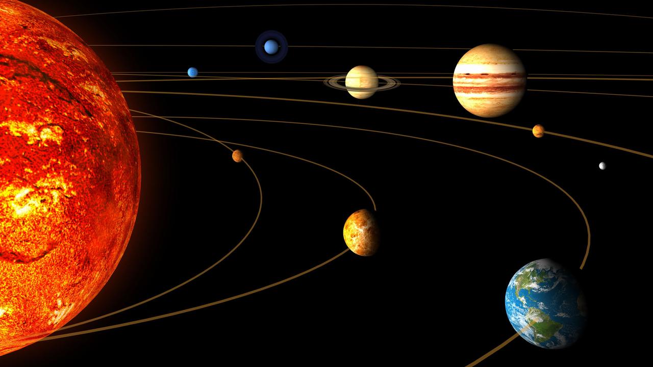 29/11/2007 WIRE: An artist rendition released by the European Space Agency on Wednesday, Nov. 28, 2007 shows the main bodies of the solar system, the Sun, Mercury, Venus, the Earth, from left in foreground, Uranus, Neptune, Saturn, Jupiter and Mars, from left in background. The Moon, the Earth's natural satellite, is seen at right in foreground, as the relative size of the orbits of the planets is not respected. Nearby planet Venus is looking a bit more Earth-like with frequent bursts of lightning confirmed by a new European space probe. For nearly three decades, astronomers have said Venus probably had lightning, ever since a 1978 NASA probe showed signs of electrical activity in its atmosphere. But experts were not sure because of signal interference. (AP