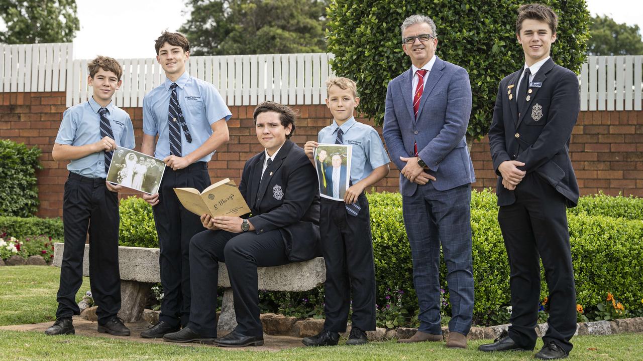 St Mary's College celebrate their 125th anniversary (from left) Sid Geran, Huey Geran, Ethan Gilbert-Johnston, Archie Geran, principal Brendan Stewart and captain Ethan Payne, Friday, October 11, 2024. Picture: Kevin Farmer