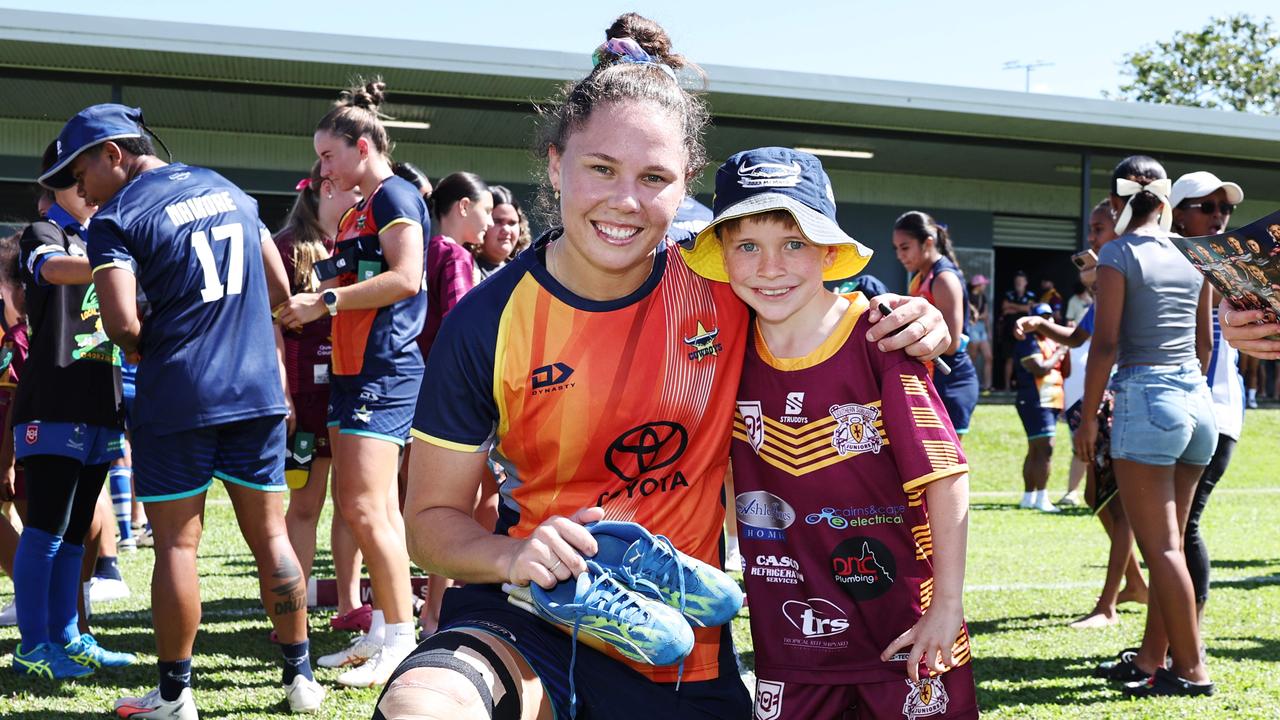 The North Queensland Cowboys NRL Women's team held a captain's run training session and meet-and-great with fans at Alley Park, Gordonvale on Saturday before their NRLW trial match against the Gold Coast Titans earlier this month. During the open session, Cairns NRLW star Tahlulah Tillett received a pair of signed football boots from junior player Carter Francis, 8. Picture: Brendan Radke