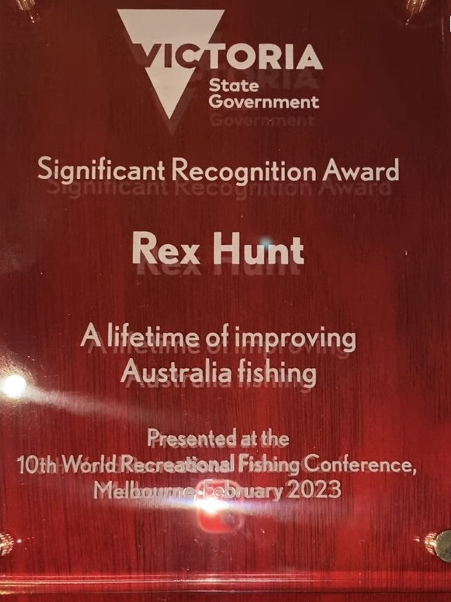 Rex Hunt's award for his lifetime support of recreational fishing. Picture: Supplied.