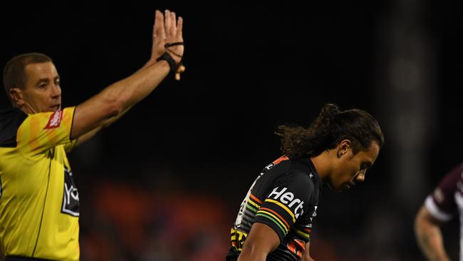 Jarome Luai is sent off during a match last year. Picture: AAP Image/Dean Lewins