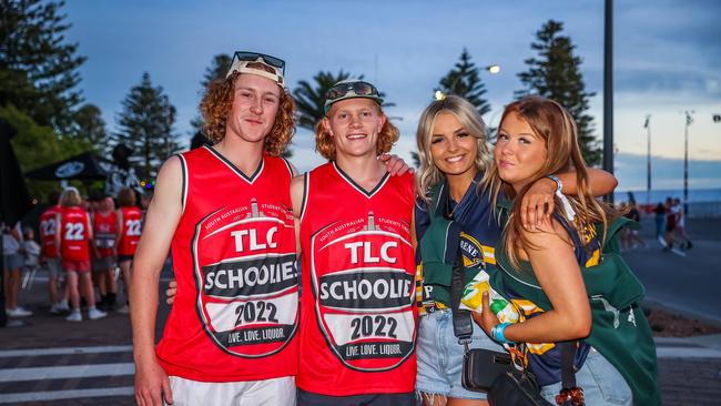 Lochie Nash, Seb Hoeck, Hayley Allan, Paige Psaila enjoying the first night of Schoolies at Victor Harbor, on November 25th, 2022. Picture: Tom Huntley