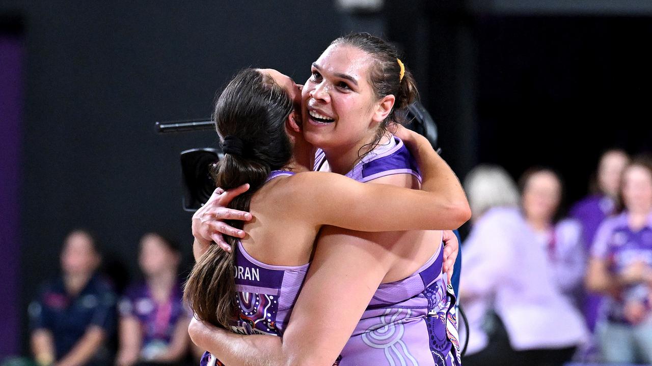 Donnell Wallam of the Firebirds and Ruby Bakewell-Doran of the Firebirds celebrate. (Photo by Bradley Kanaris/Getty Images)