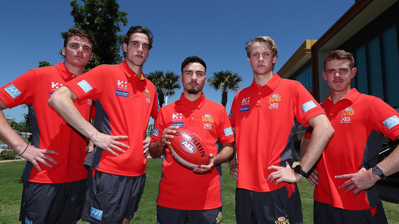 Gold Coast draftees Caleb Graham, Ben King, Izak Rankine, Jack Lukosius and Jez McLennan. Picture: Chris Hyde/Getty Images