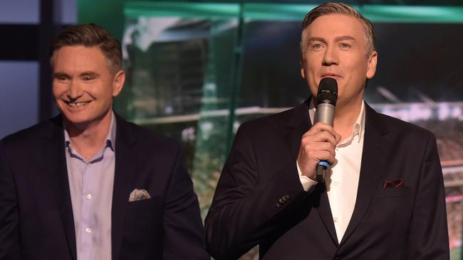 Dave Hughes with Eddie McGuire at The Footy Show re-launch. Picture: AAP