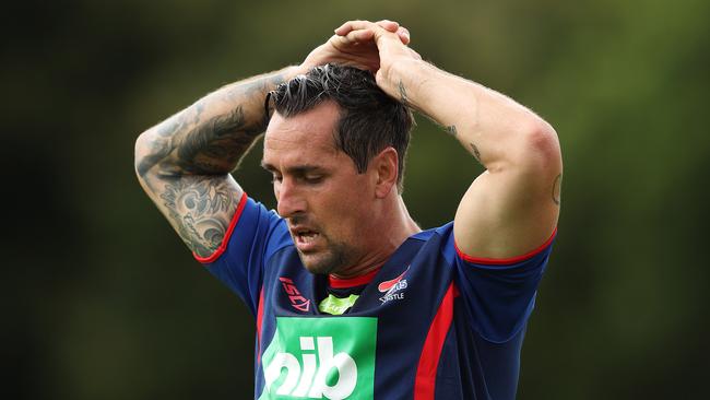 Mitchell Pearce had his first hitout with the Knights. Picture: Brett Costello