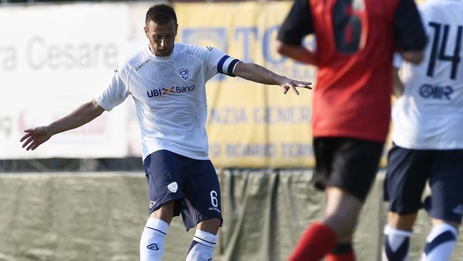 FILE - In this file photo taken in Brescia, Italy, on July 18 2018, Brescia's Daniele Gastardello is seen during a training session. Brescia captain Daniele Gastaldello says his entire squad opposes resuming the Serie A soccer season amid the coronavirus pandemic. (Richard Morgano/LaPresse via AP)