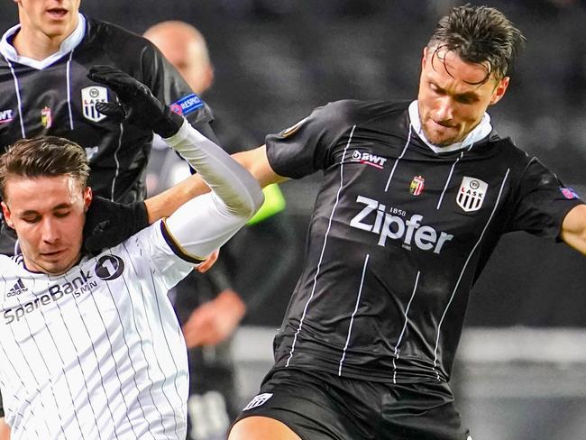 LASK’s Aussie midfielder James Holland, right, in action against Rosenborg's Anders Trondsen during their Europa League match last week. Picture: AP