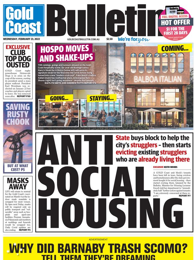 Bulletin report revealing how the Department of Communities and Housing attempted to evict battler tenants of a Biggera Waters unit block.