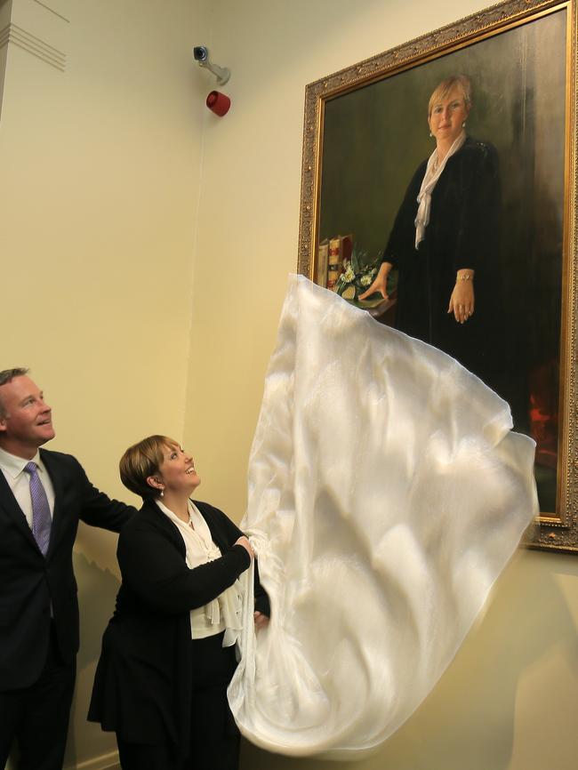 Premier Will Hodgman and his Labor predecessor Lara Giddings unveiling the official portrait of the former premier today. Picture: RICHARD JUPE