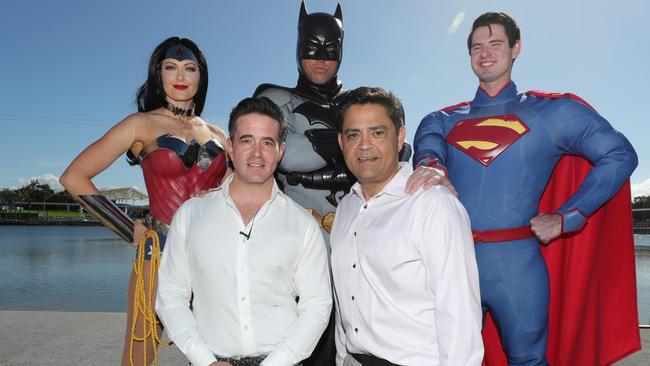 Village Roadshow CEO Clark Kirby and COO Bikash Randhawa with the Justice League. Picture Glenn Hampson