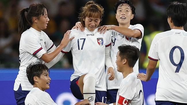 MELBOURNE, AUSTRALIA - DECEMBER 04: Chen Jin-Wen of Chinese Taipei celebrates with team mates after scoring a goal during the International Friendly match between Australia Matildas and Chinese Taipei at AAMI Park on December 04, 2024 in Melbourne, Australia. (Photo by Daniel Pockett/Getty Images)